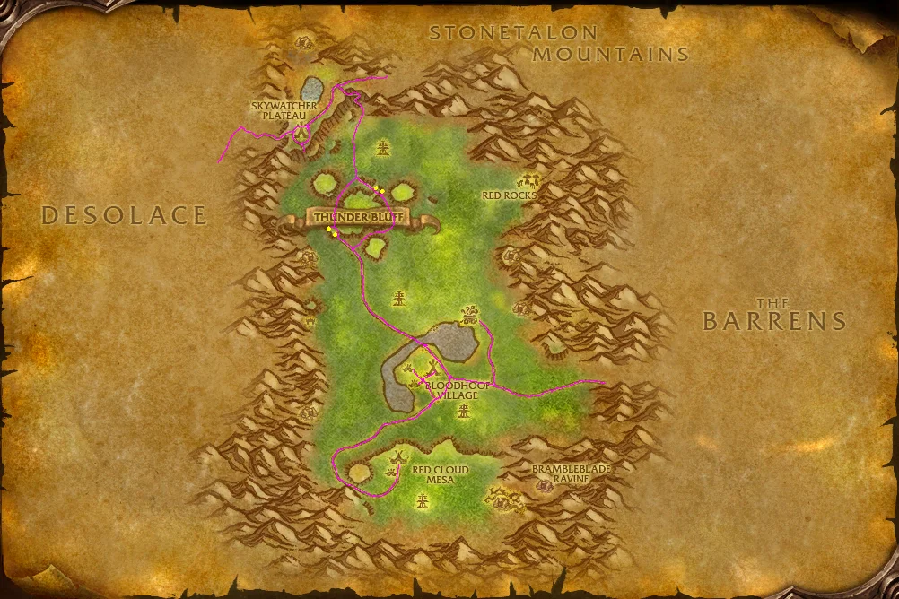 Mulgore with its roads drawn in magenta and yellow dots at the foot of Thunder Bluff's lifts