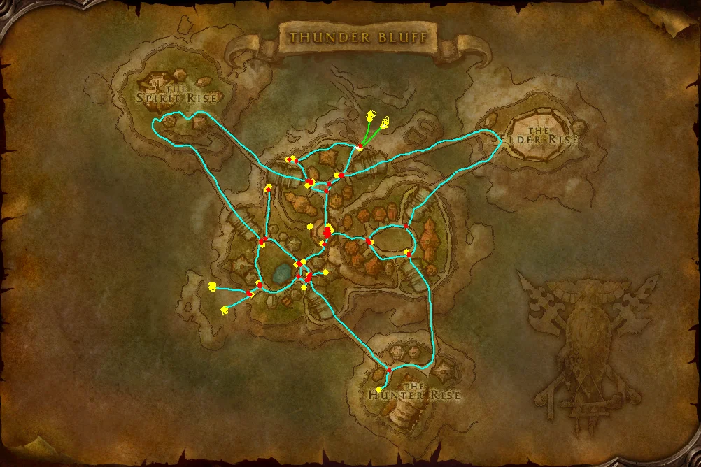Thunder Bluff's drawing as the tracer reads it: thin centre lines, red crossroads, yellow line ends