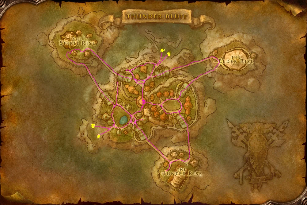 Thunder Bluff with its streets drawn in thin magenta lines and yellow dots at the lift tops